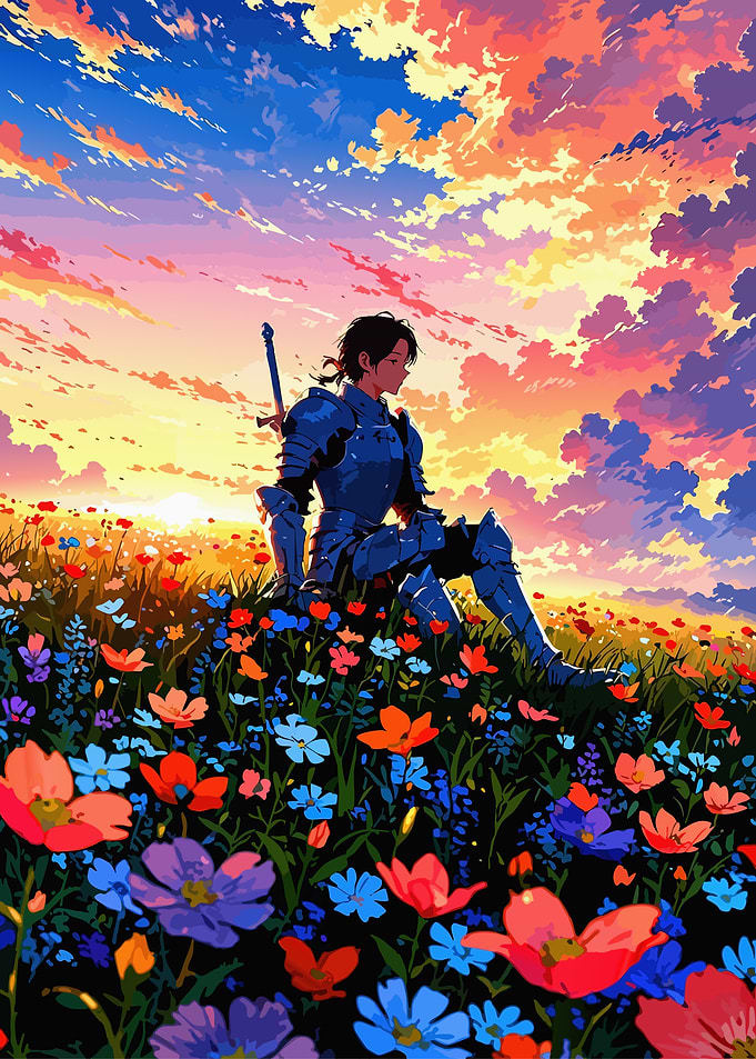 Knight Resting in a Flower Field