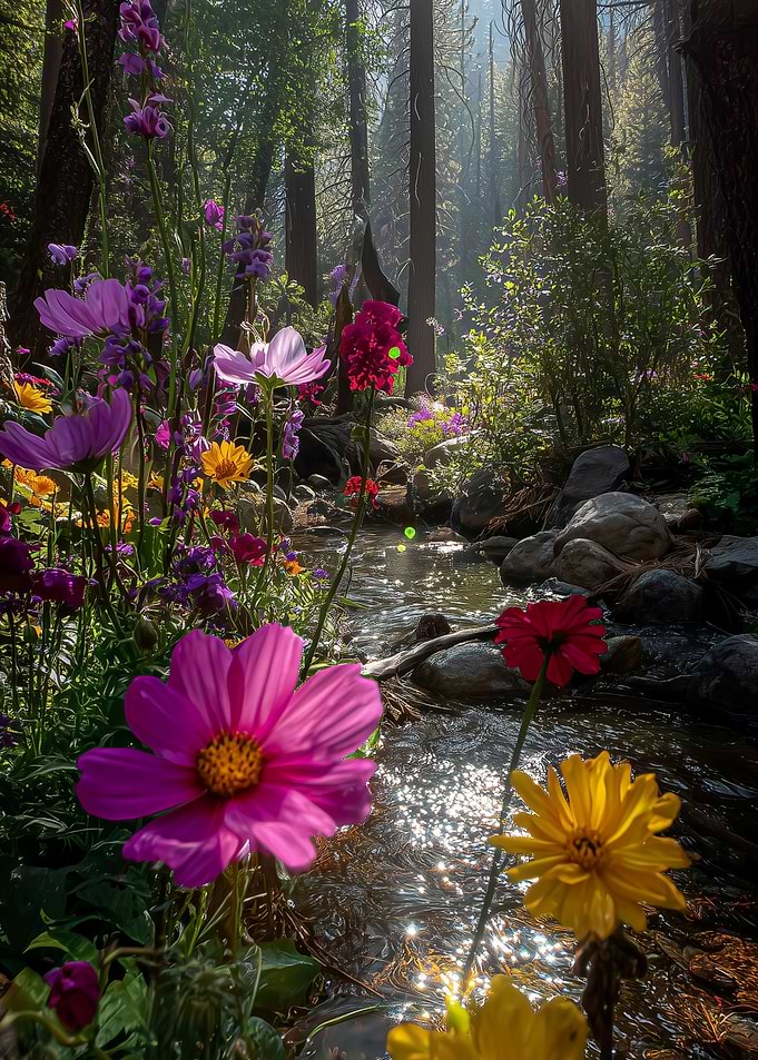 Vibrant Wildflowers Along a Forest Stream
