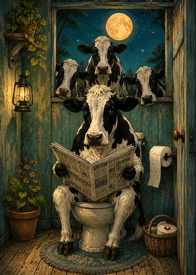 Cow Reading Newspaper on Toilet