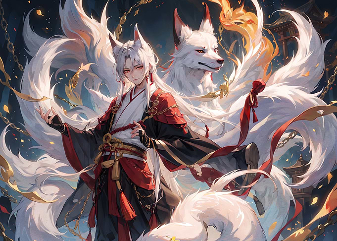 Anime Kitsune Spirit and Guardian Wolf