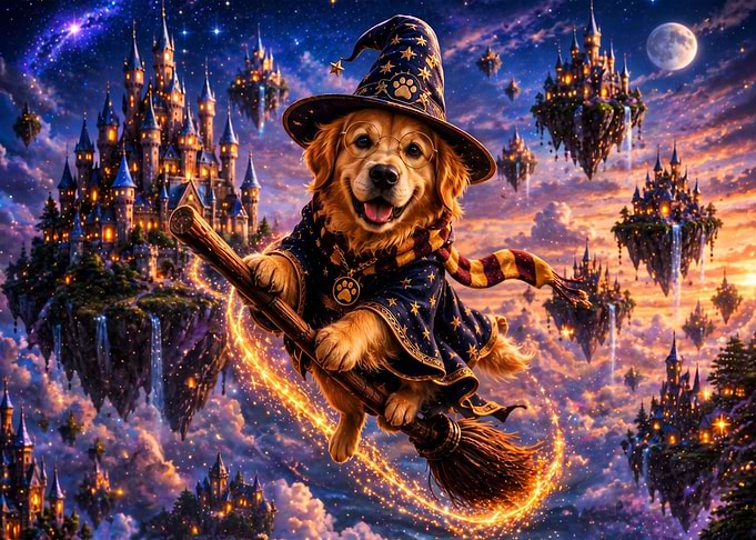 Golden Retriever Wizard Flying on Broomstick