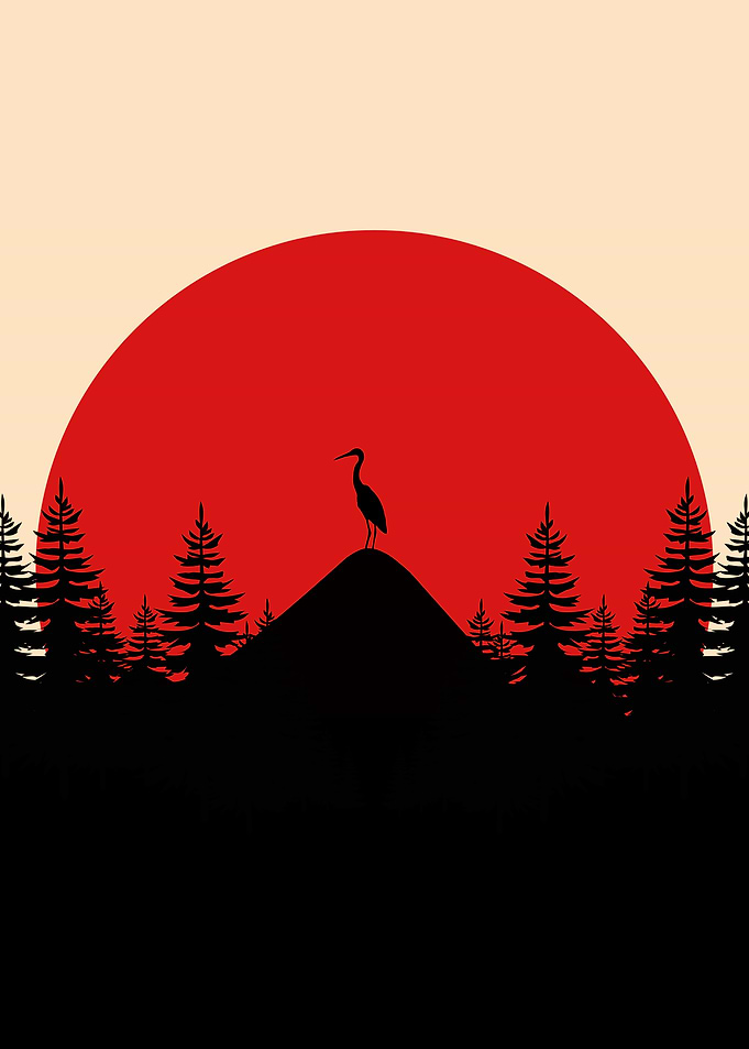 The Lone Crane Japanese Red Sun Silhouette