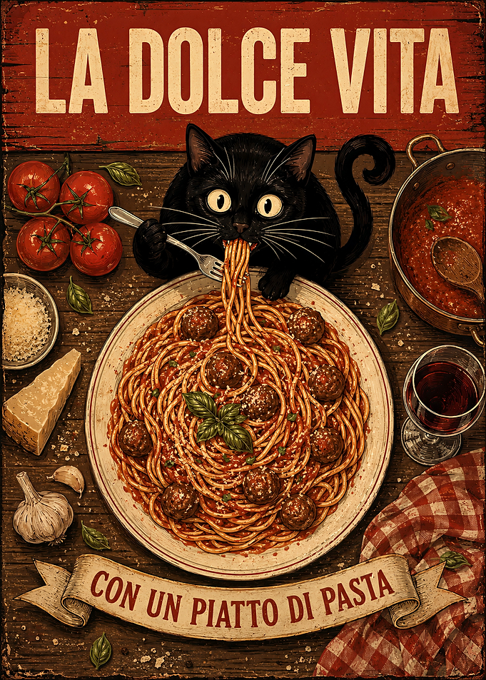La Dolce Vita Cat Pasta Poster