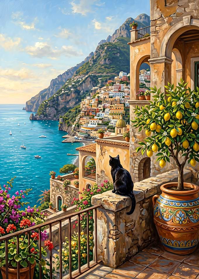 Black Cat in Positano – Amalfi Coast Mediterranean Oil Painting