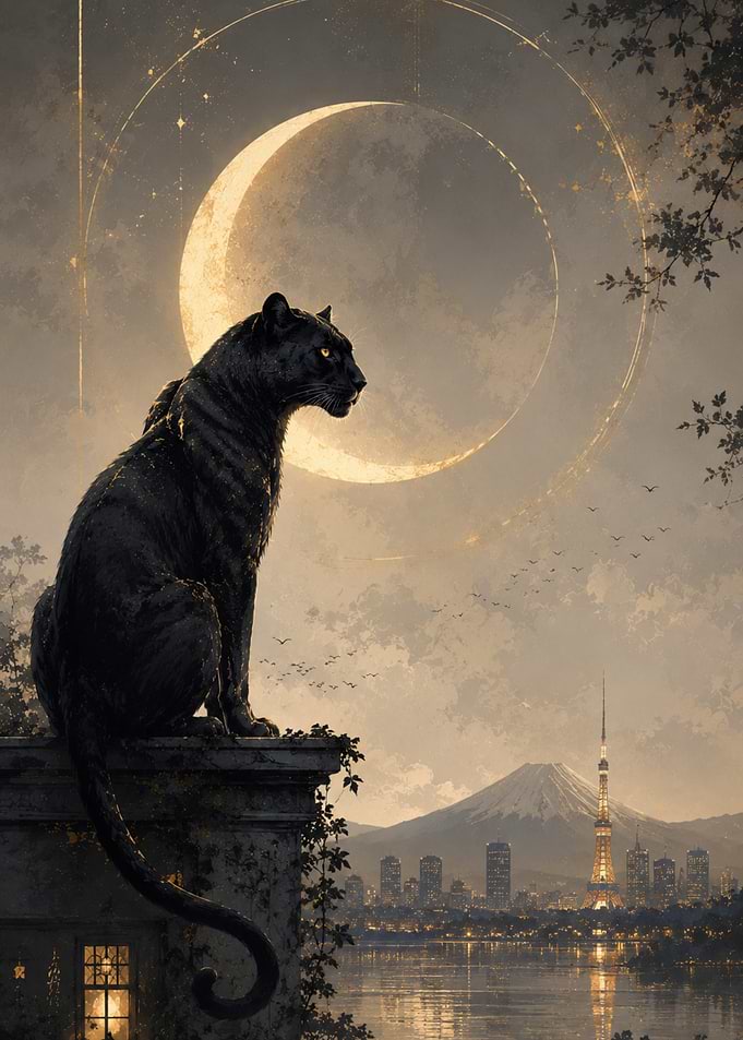 Black Panther Overlooking Tokyo Skyline