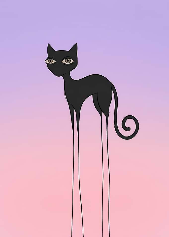 Surreal Long-Legged Black Cat Illustration
