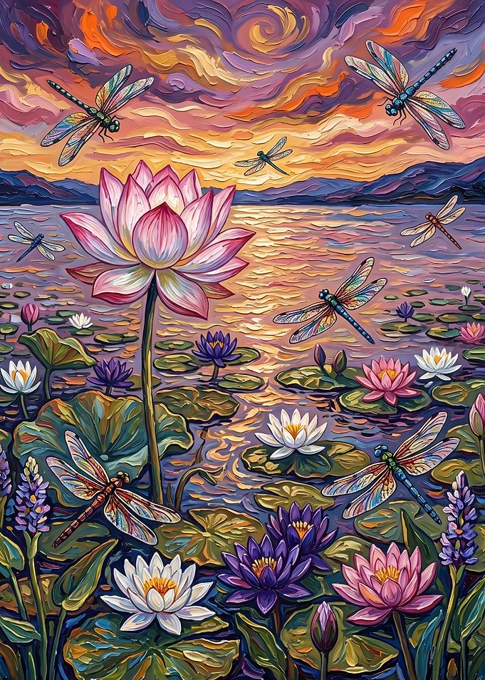 Dragonflies and Lotus Flowers at Sunset