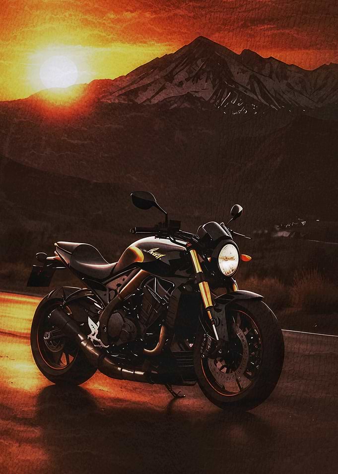 Motorcycle at Sunset Mountain Landscape