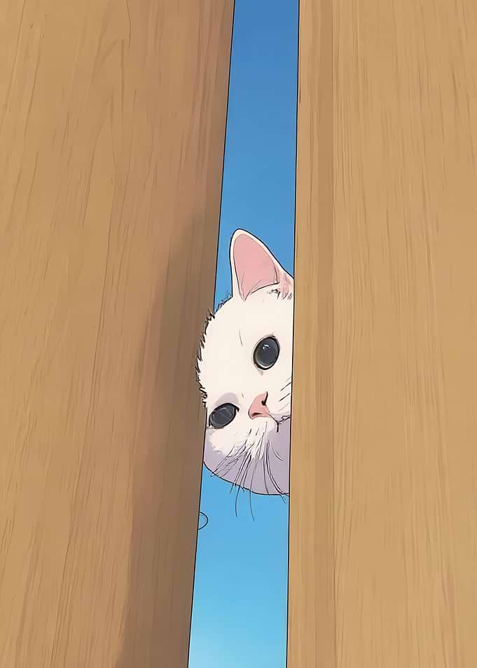 Curious White Cat Peeking Through Door