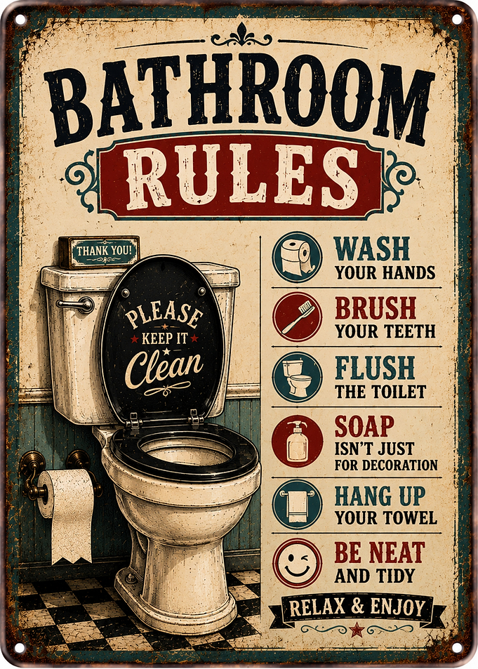 Vintage Bathroom Rules Metal Sign
