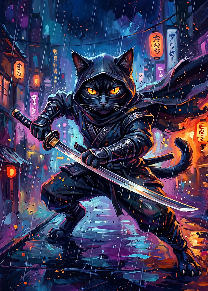 Black Cat Ninja Warrior in Rain