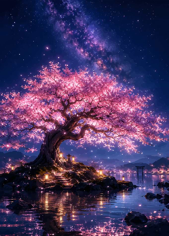 Glowing Cherry Blossom Tree at Night