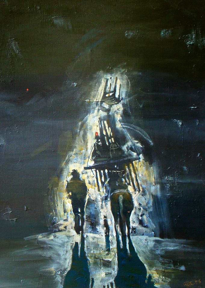 Dark Impressionist Painting of Travelers
