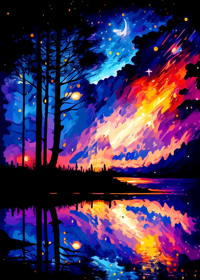 Vibrant Night Sky Over Lake