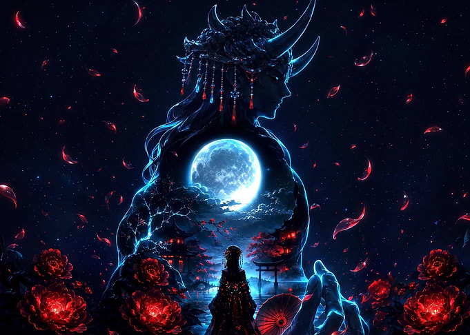 Ethereal Oni Spirit and Moonlit Shrine