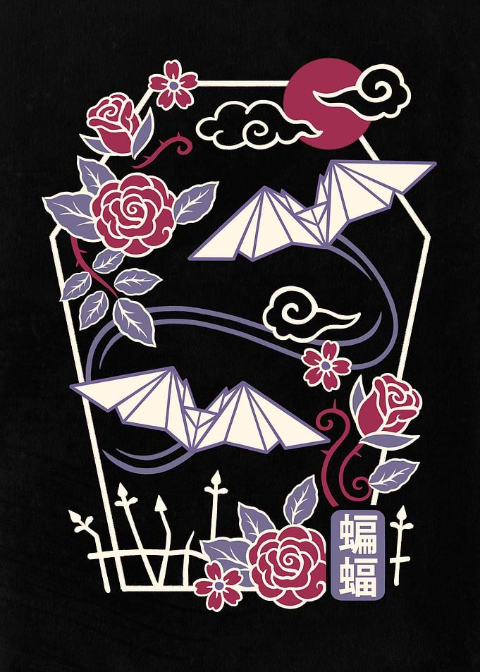 Origami Bat and Rose Illustration