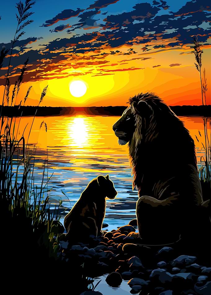 Lion and Cub at Sunset