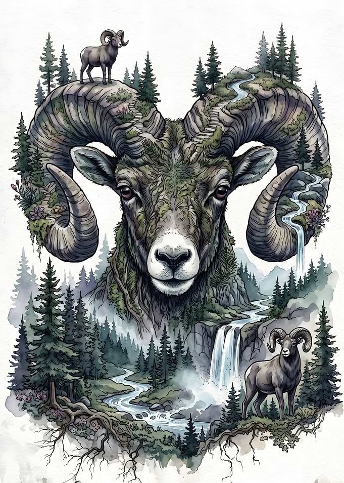 Double Exposure Bighorn Sheep Landscape