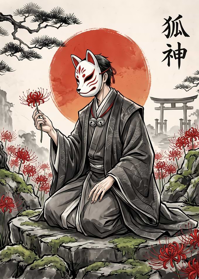 Kitsune Masked Figure with Spider Lilies