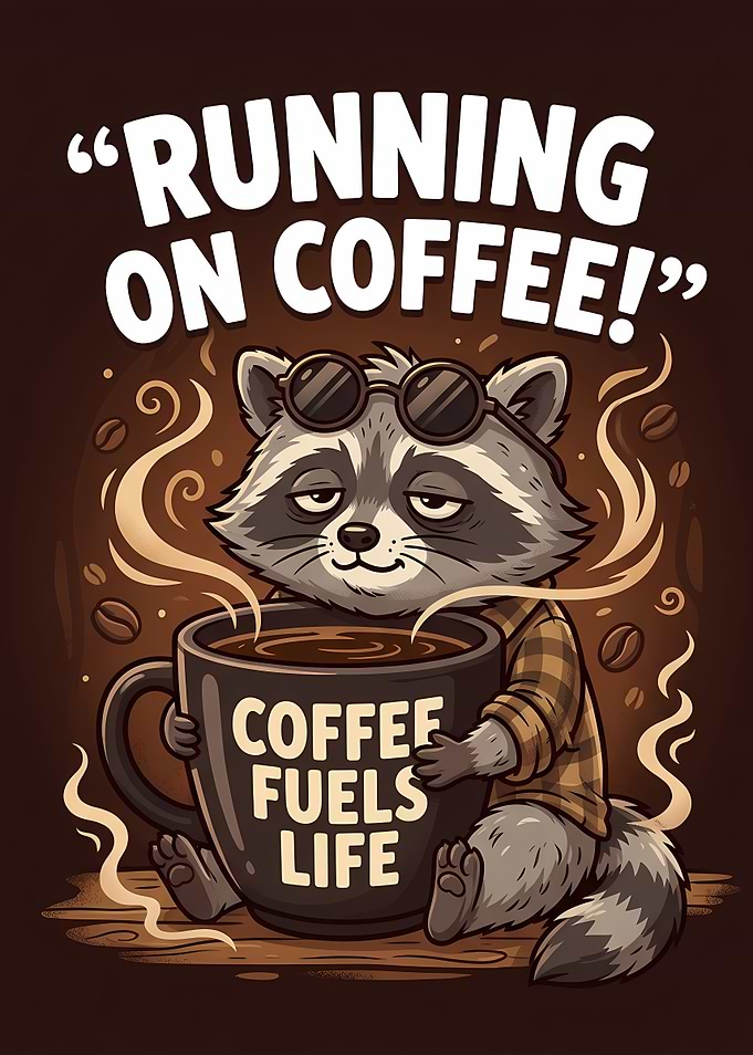 Running on Coffee Raccoon Illustration