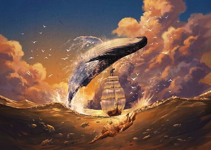 Whale Breaching Near Sailing Ship