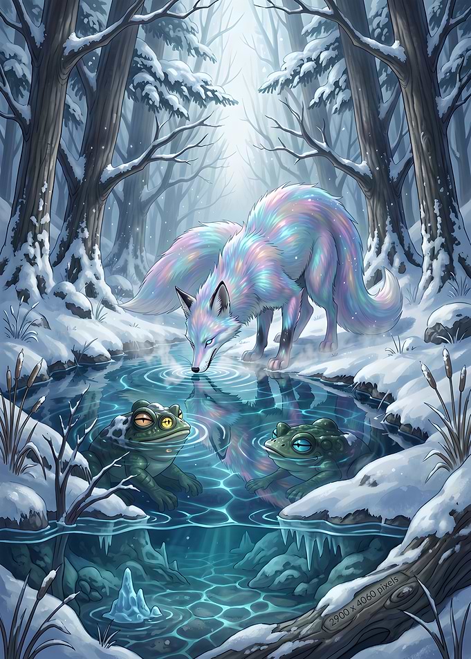 Iridescent Kitsune Fox and Frogs in Winter