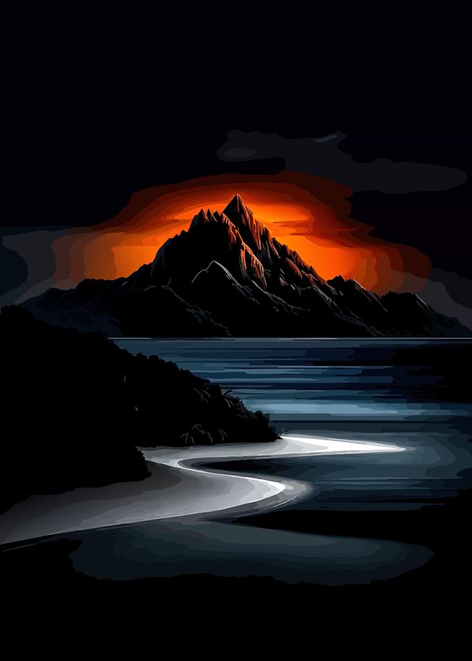 Volcanic Mountain Sunset Over Dark Water