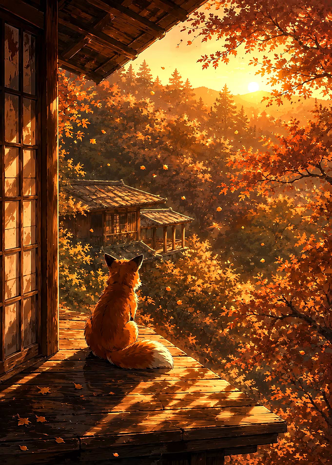 Fox Watching Autumn Sunset