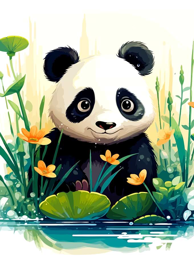 Cute Panda in a Floral Pond