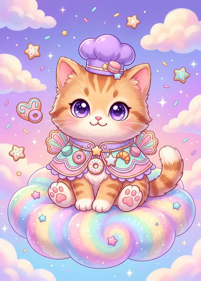 Cute Chef Kitten on Rainbow Cloud