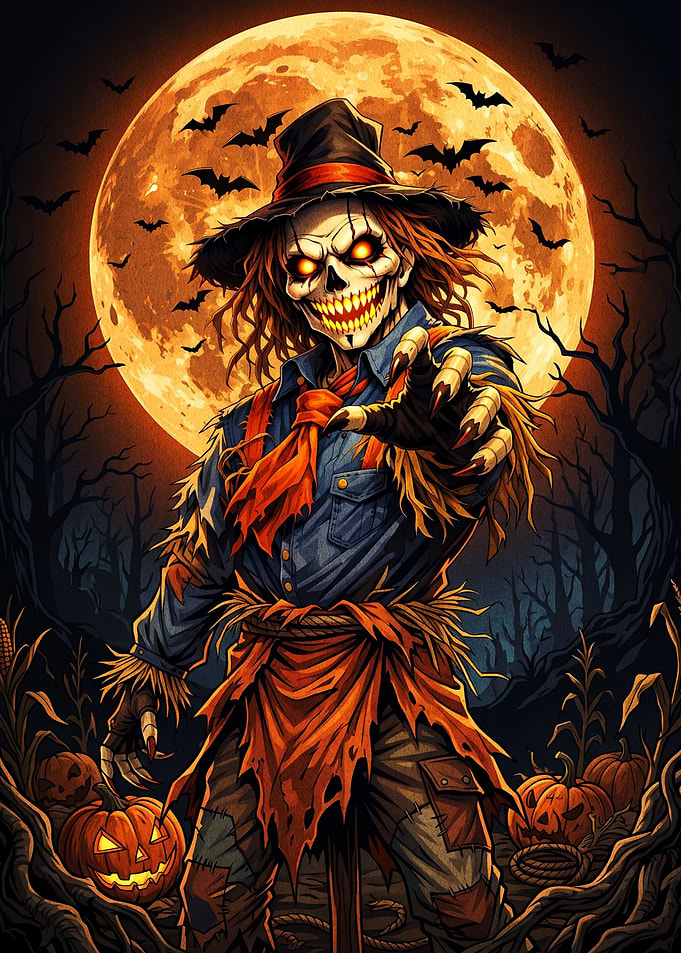 Evil Scarecrow Halloween Moon Illustration