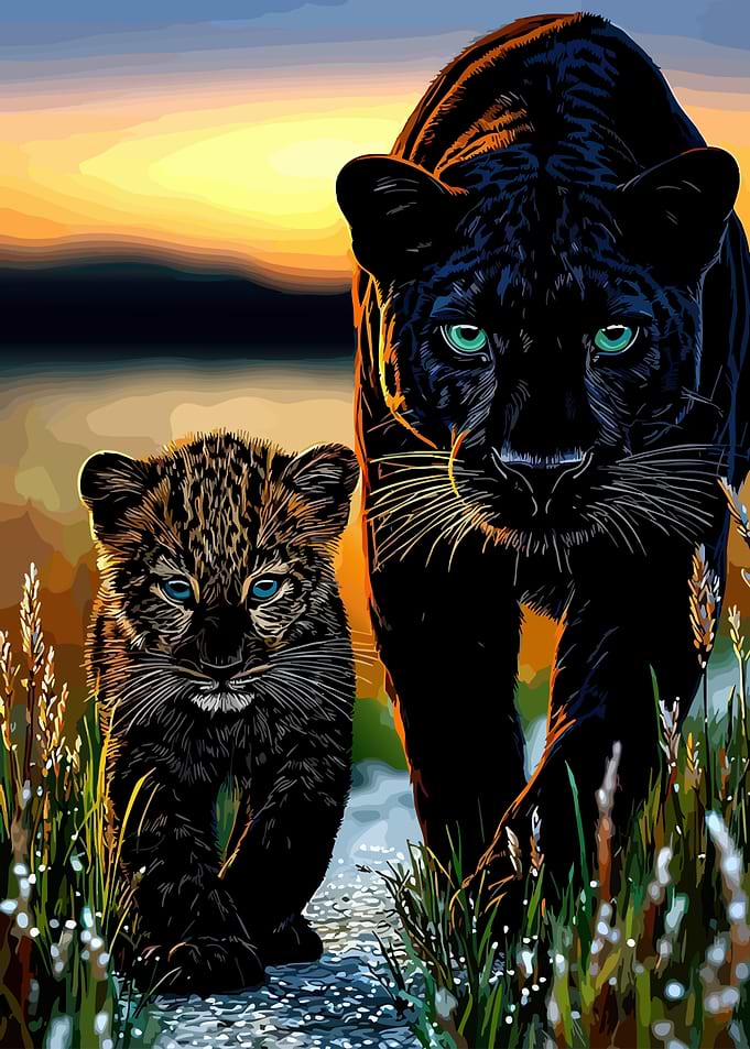 Black Panther and Cub at Sunset