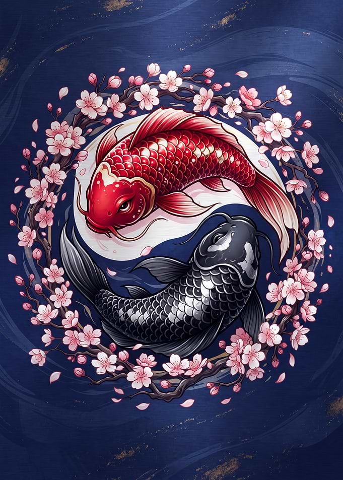 Yin Yang Koi Fish with Cherry Blossoms