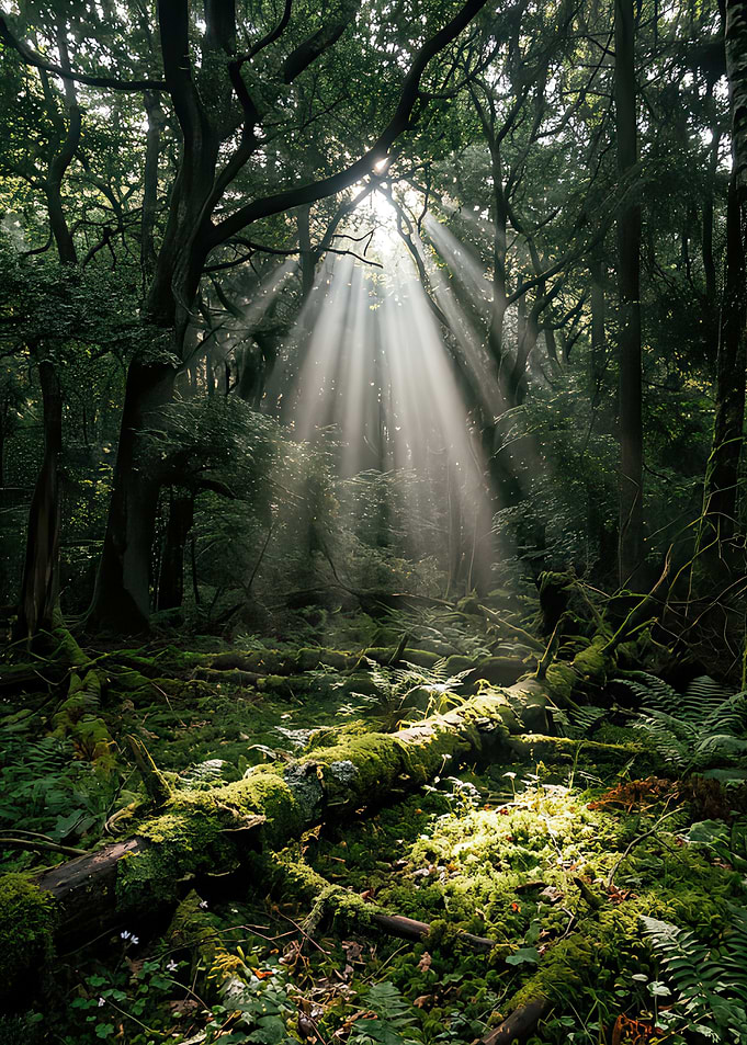 Sunbeams Piercing Through Ancient Forest