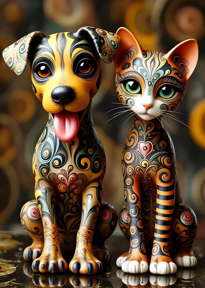 Ornate Painted Dog and Cat Figurines