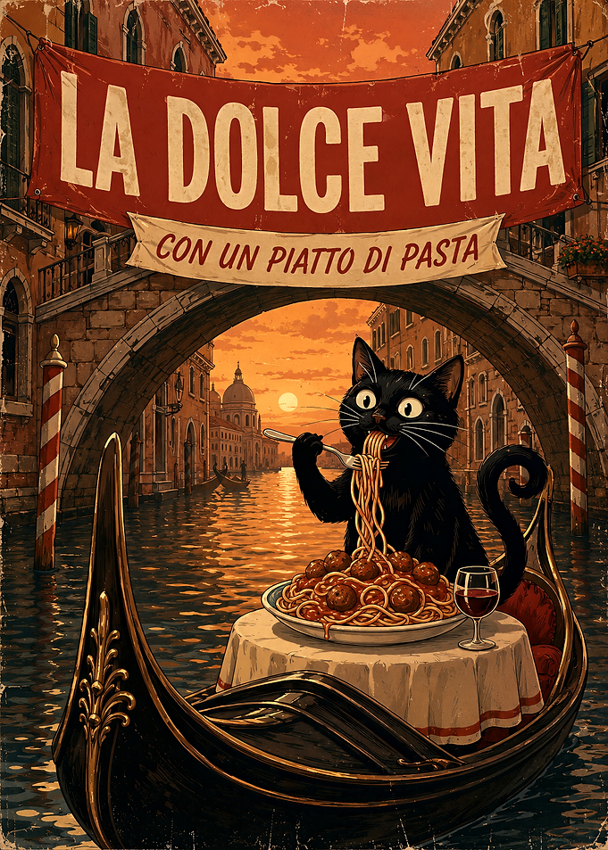 Black Cat Eating Pasta in Venice