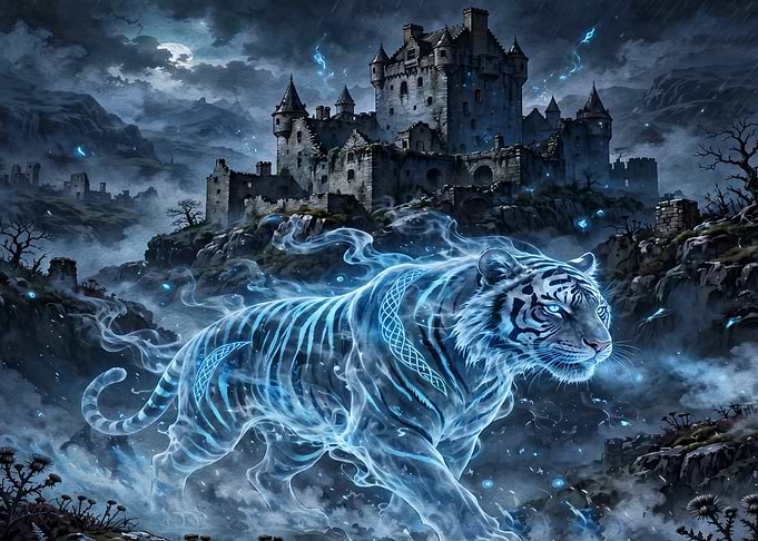 Spectral Tiger Before Ancient Castle