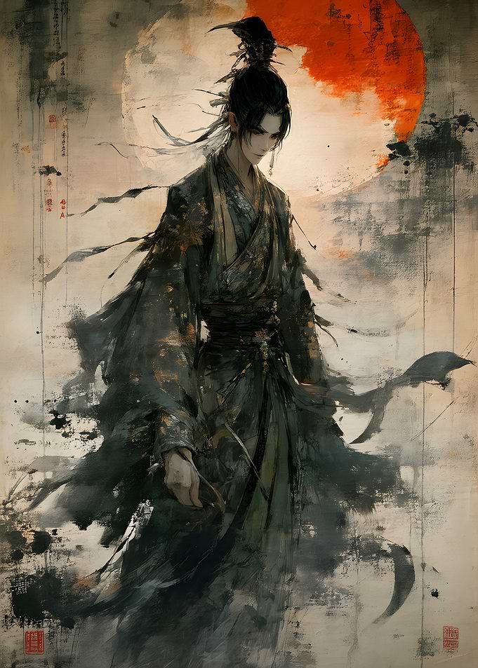 Ethereal Samurai Under Red Moon