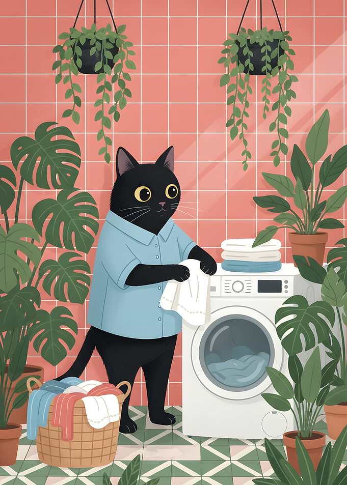 Black Cat Doing Laundry Illustration