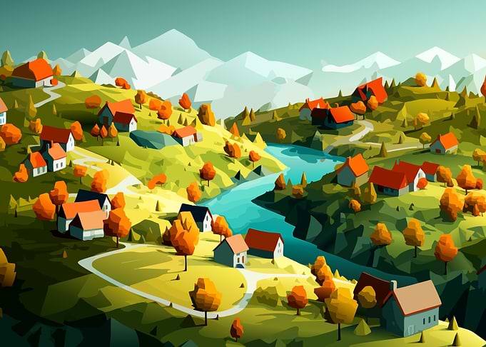 Stylized Mountain Village Landscape