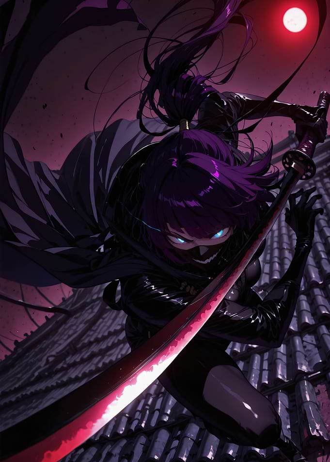 Purple-Haired Ninja with Glowing Katana