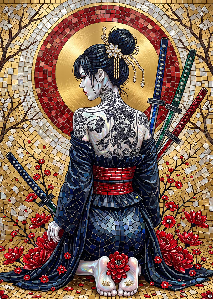 Mosaic Geisha with Katanas