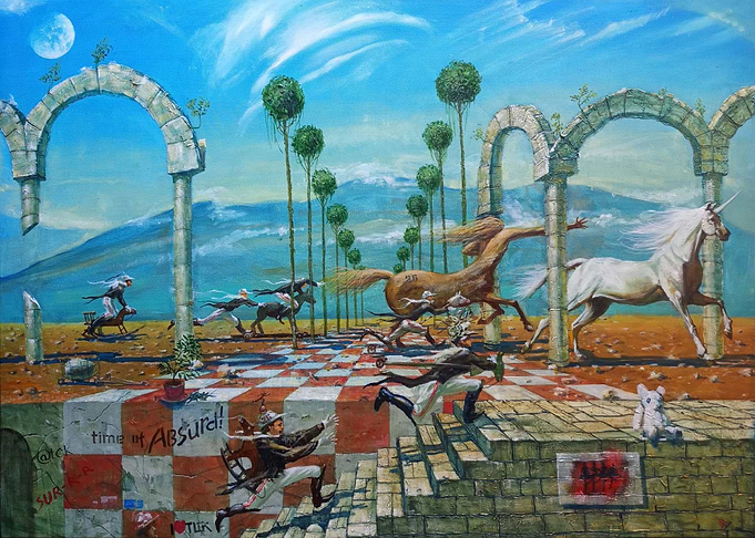 Surreal Chessboard Landscape with Mythical Creatures