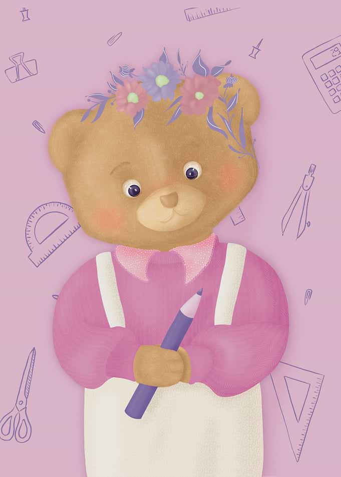 Cute Teddy Bear with School Supplies