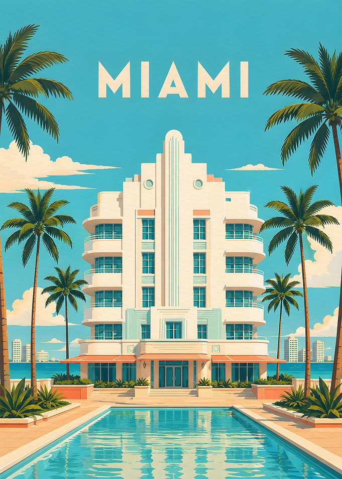 Vintage Miami Art Deco Hotel Poster