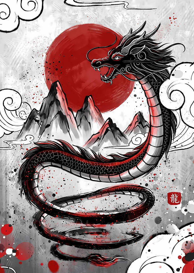 Traditional Japanese Dragon and Red Sun