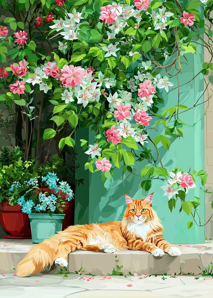 Maine Coon Cat Relaxing in a Blossom Garden