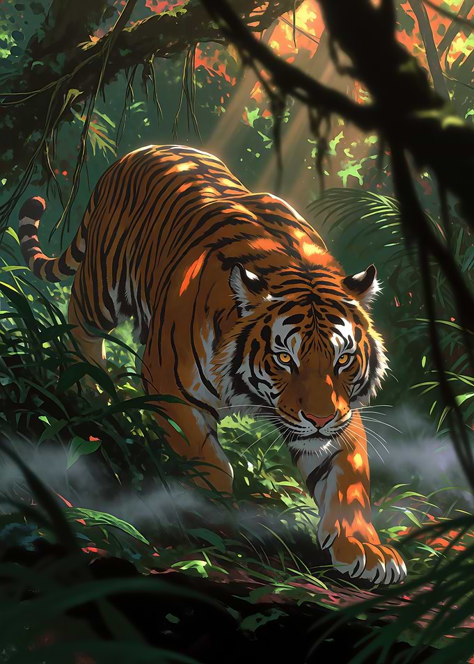 Majestic Tiger Stalking Through Jungle