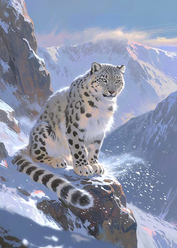 Majestic Snow Leopard in Snowy Mountains