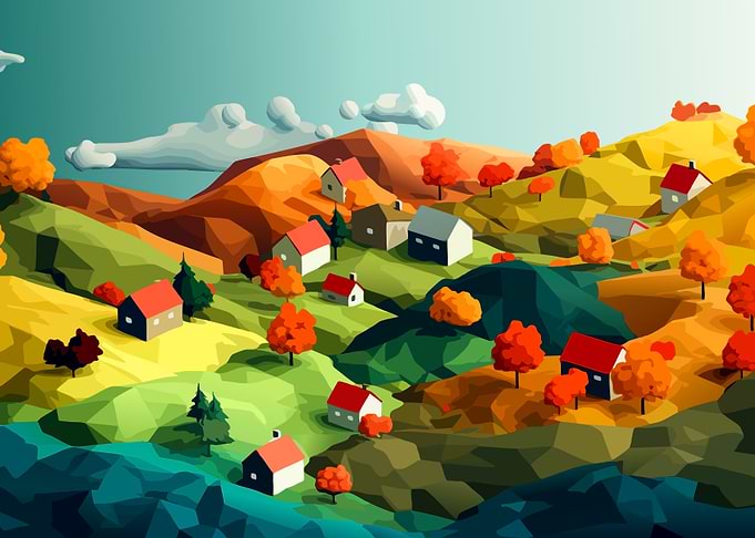 Low Poly Autumn Landscape Village